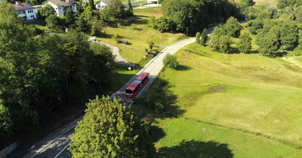 Ein roter Bus fährt zwischen Wiesen und Bäumen an einer kleinen Siedlung vorbei.