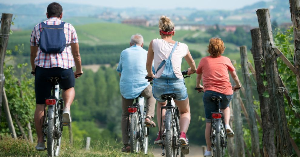 Familie auf E-Bikes fahren entlang an Weinbergen.
